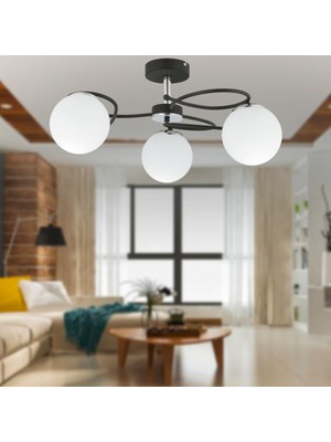 Normadia Modern 3’lü Rodonit Siyah Krom ve Beyaz Cam Sarkıt Avize