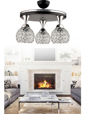 Normadia Şık 3’lü Defne Profenyal Tepsi, Siyah Krom Kristal Top Modern Avize