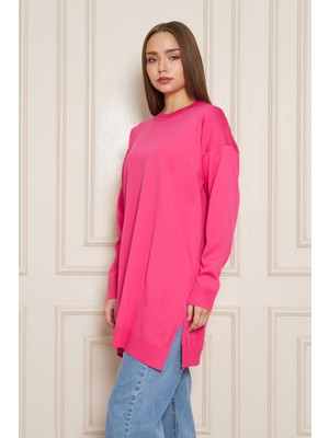 Comstar Kadın Bisiklet Yaka Yırtmaçlı Oversize Pembe Triko Kazak