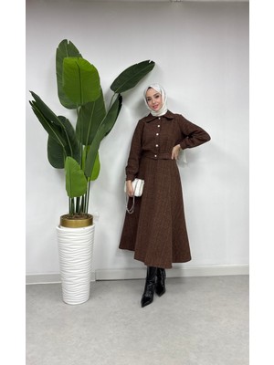 Tesettür Diyarı Kadın Simli Ceket Etek Takım -Kahve