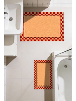 Kilim Home Punto Jüt Görünümlü Kırmızı Dama Desen Dijital Baskılı Kaymaz Ikili Banyo Paspas Takımı 40X60 60X100