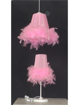 Normadia Pembe Tüylü Kız Çocuk Odası Avize ve Abajur Seti, Beyaz Metal Ayaklı