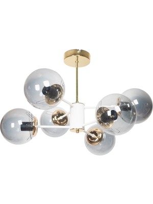 Normadia Modern Lüks 6'lı Füme Camlı Avize, Beyaz Altın Renk Kasa, Salon ve Yatak Odası