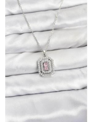 Callerrons Accessories Zincir Gümüş Renk Plaka Model Zirkon Taşlı Kadın Kolye - EBJ260130W39286