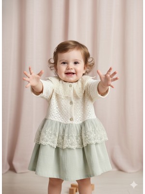 Minibord Dantelli Yakalı Mint Yeşili Kız Bebek Elbise ve Hırka Takımı
