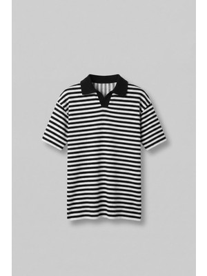 Abluka Online Erkek Oversize Yarım Pat Polo Yaka Çizgili T-Shirt Beyaz - Siyah