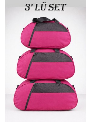 Kaff Pembe 3'lü Set D Valiz Önü Cepli Ayarlanabilir Omuz Askılı El Seyahat Spor Çantası