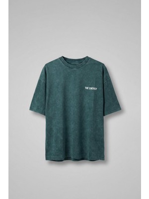 Erkek Eskitme Efektli Yıkamalı Baskılı Oversize T-Shirt Yeşil