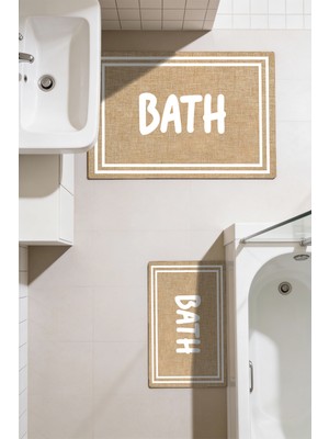 Kilim Home Punto Jüt Görünümlü Beyaz Çizgili Bath Yazılı Dijital Baskılı Ikili Banyo Paspas Takımı 40X60 60X100