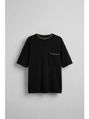 Abluka Online Erkek Oversize Önü Cepli Örme T-Shirt Siyah