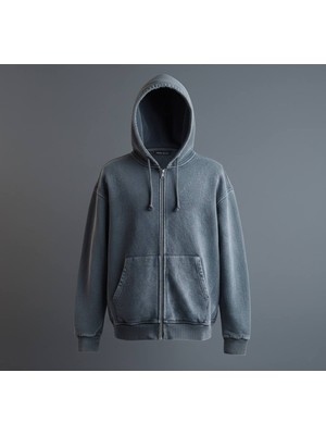 Lwl Antrasit Vintage Yıkama Efektli Oversize Fermuarlı Kapüşonlu Sweatshirt (Zip-Up Hoodie)