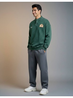 Lwl Texas Nakışlı ve Armalı Vintage Yıkamalı Yarım Düğmeli Oversize Sweatshirt