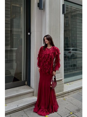 Klex Kadın Volanlı Şifon Bluz Uzun Etek Ikili Takım – Şık, Zarif ve Davet Kombini