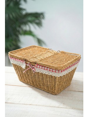 Digithome Kapaklı Rattan Vintage Dantelli Dikdörtgen Piknik Sepeti -9T14 U/6
