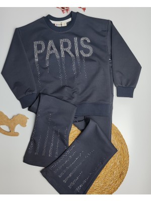 Moda Rüyası Paris Baskılı Taşlı Kız Çocuk Ispanyol Paça Alt Üst Rahat Takım