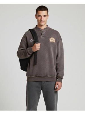 Lwl Texas Nakışlı ve Armalı Vintage Yıkamalı Yarım Düğmeli Oversize Sweatshirt