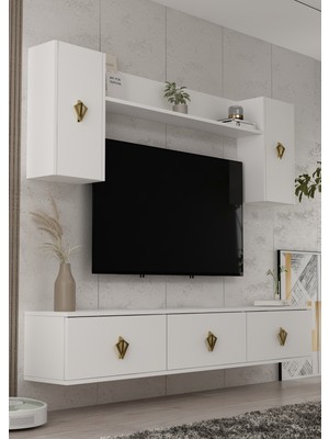 Cantek Dizayn 1370TV180-32CT Duvara Montaj Tv Sehpası, Tv Ünitesi Beyaz-Altın