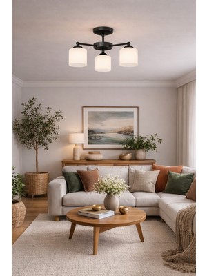 Normadia Beyaz Silindirik Camlı Plofonyer Üçlü Avize, Salon ve Oturma Odası Işığı