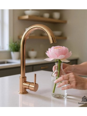 İsaoğlu Yapı Bronz Mutfak Bataryası Bakır Evye Musluğu Leylak Kuğu Rose Bakır Armatür