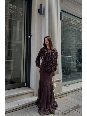 Klex Kadın Volanlı Şifon Bluz Uzun Etek Ikili Takım – Şık, Zarif ve Davet Kombini