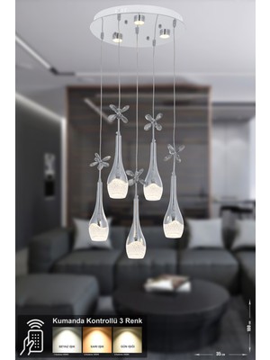 Normadia Modern 5'li Power LED Sarkıt Avize, 3 Renk, Kumandalı, Şık ve Zarif