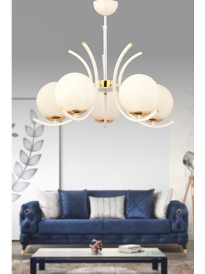 Normadia Modern 5'li Beyaz Glob Camlı Sarkıt Avize, Oturma Odası ve Salon Için