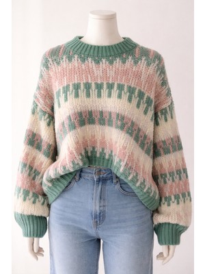 Kadın Renkli Triko Kışlık Kazak Blok Desenli Oversize Kazak