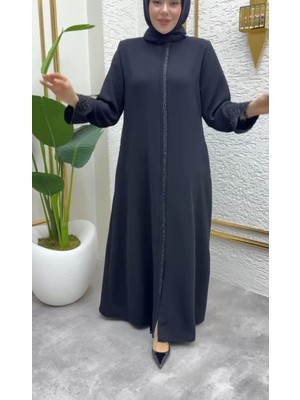 Önü ve Kolu Taş Detaylı Çiçek Kol Ferace