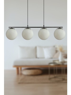 Normadia Sezar Beyaz Camlı Siyah Modern Yemek Masası ve Salon 4'lü Avize Seti