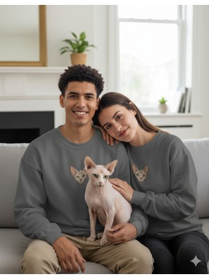 Muhtar Store Sphynx Kedi Desenli Sevgili Sweatshirt – Unisex Çift Kombini