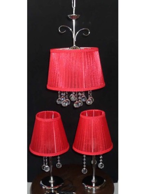 Normadia Kırmızı Taşlı Avize ve Abajur Seti, Şık ve Modern Yatak Odası Aydınlatması