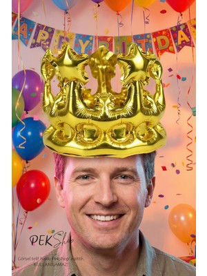 Pekshop Gold Takılabilir Kral Tacı Şeklinde Folyo Balon Kafaya Takılabilir Boyut Ayarlı