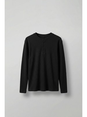 Abluka Online Erkek Oversize Düğmeli Basic Uzun Kollu T-Shirt Siyah