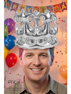 Pekshop Gümüş Takılabilir Kral Tacı Şeklinde Folyo Balon Kafaya Takılabilir Boyut Ayarlı