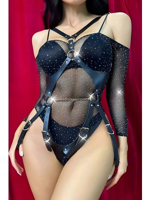 Marsilyan Zincirli Ağı Açık Fantazi Deri Body Harness - APFT1170