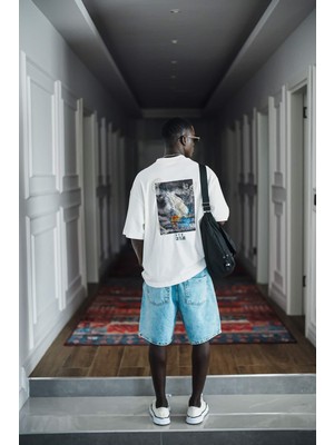 Abluka Online Erkek Yelken Desenli Nakışlı Oversize T-Shirt Beyaz