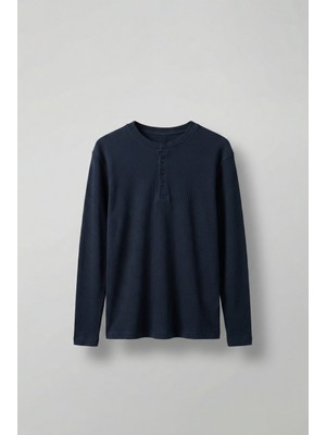 Abluka Online Erkek Oversize Düğmeli Basic Uzun Kollu T-Shirt Lacivert