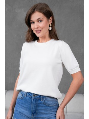 Irmak Kerekli Kadın Ense Düğmeli Kısa Kol Triko Bluz 1415 Ekru