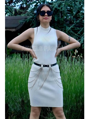 Marsilyan Zincirli Ayarlanabilir Şık Deri Kemer, Zincirli Elbise Kemeri - APFT729