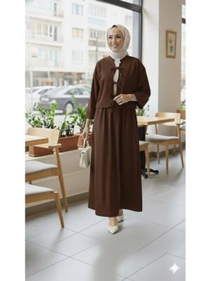 Eceylül Moda Siyah Tesettür Etekli Takım Bağlamalı Kısa Ceket ve Uzun Etekli Ikili Takım Şık Günlük Yeni Sezon