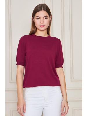 Irmak Kerekli Kadın Ense Düğmeli Kısa Kol Triko Bluz 1415 Bordo