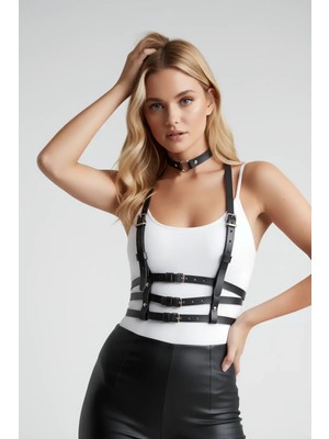 Marsilyan Gömlek ve T-Shirt Üzeri 3 Sıralı Şık Deri Kemer ve Choker - APFT615