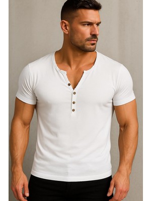 Bybülent Özel Üretim Slim Fit Henley Yaka Düğmeli Açık Geniş Yaka Tişört T-Shirt