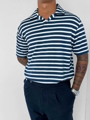 Abluka Online Erkek Polo Yaka Çizgili Rahat T-Shirt Mavi