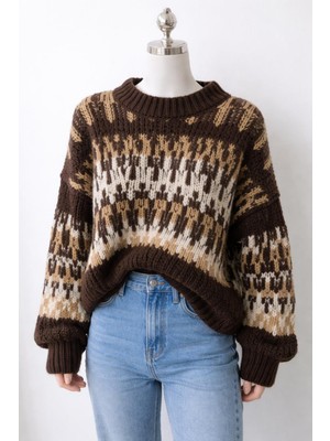 Kadın Renkli Triko Kışlık Kazak Blok Desenli Oversize Kazak