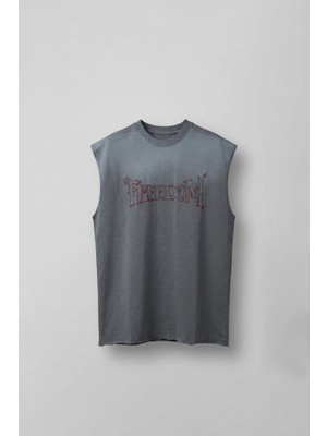 Abluka Online Erkek Önü Işlemeli Oversize Yıkamalı Kolsuz T-Shirt Füme