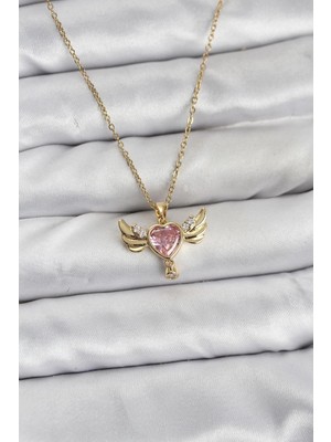 Depozee 316L Çelik Zincir Gold Renk Kanatlı Kalp Model Zirkon Taşlı Kadın Kolye