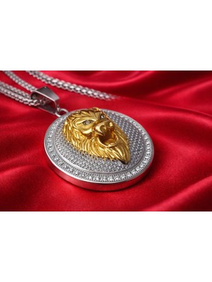 Kalın Box Zincirli  Hip Hop Aslan Figürlü Zirkon Taşlı Paslanmaz Çelik Erkek Aslan Kolye