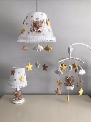 Normadia Sevimli Bebek Çocuk Odası Avize ve Abajur Dönence Seti, Kahve Sarı Krem