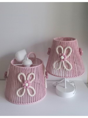 Normadia Pembe Makrome Ip Sargı Çiçek Aplikeli Bebek ve Çocuk Odası Avize Seti